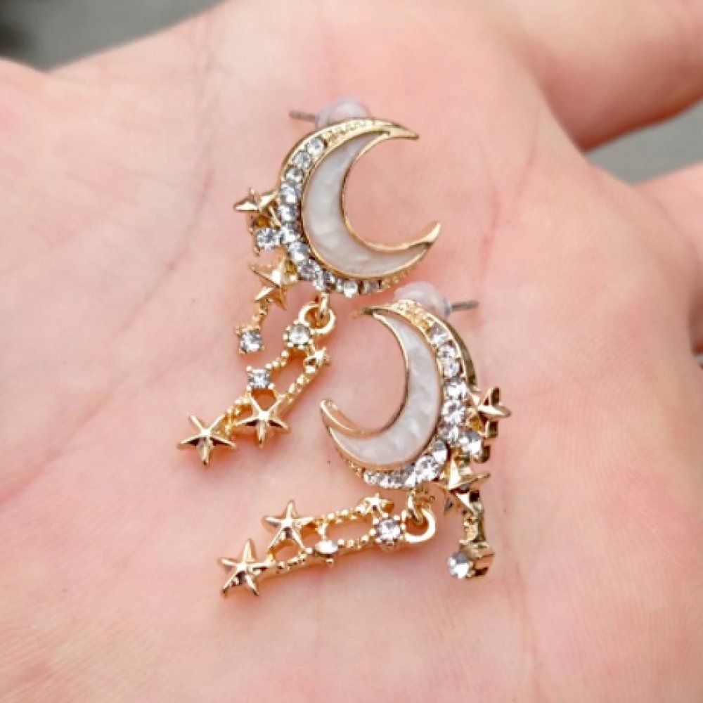 Gold Moon + Star Crystal Tassel Stud Earrings - Picture 4 of 4